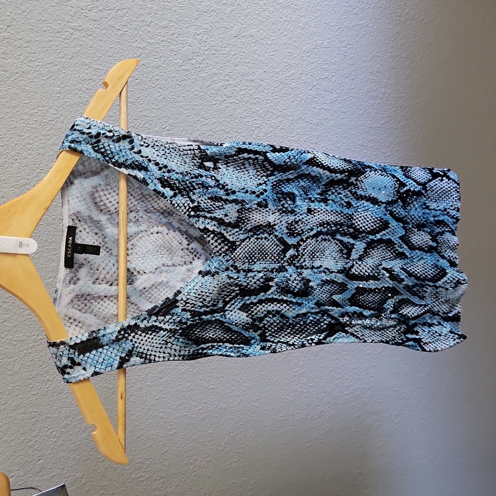 Escada Blue Snake Print Tank Top, Rhinestones, 34